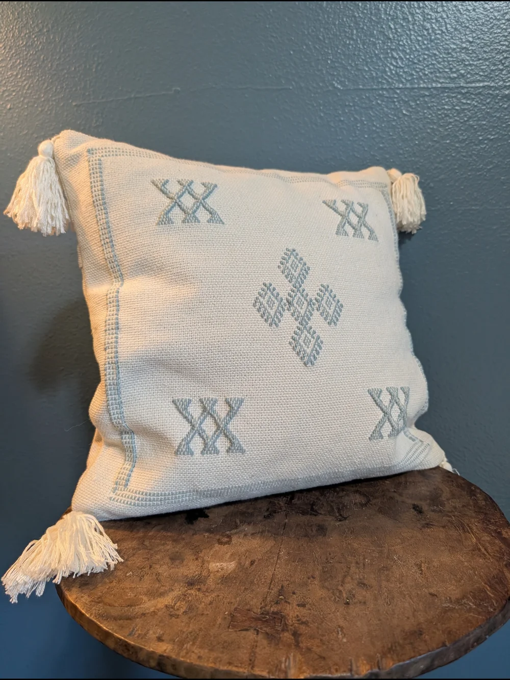 Cream Decorative Tassel Throw Pillow with Light Blue Embroidery